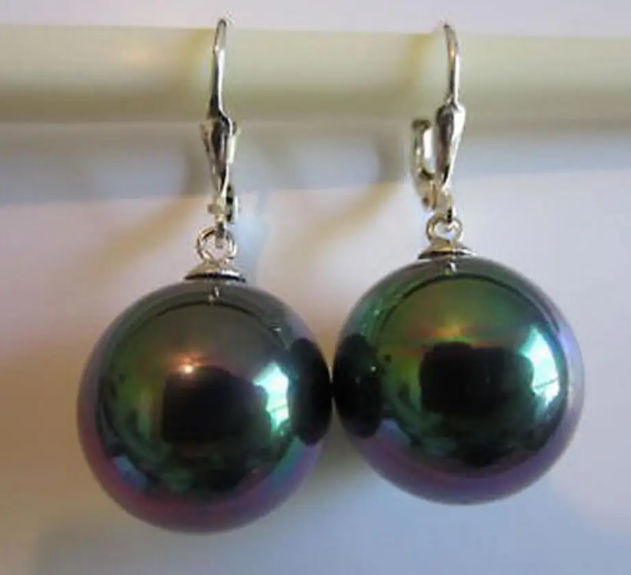 Free Shipping 14mm Peacock BLACK Shell Pearl Dangle EARRINGS LEVERBACK 925 Sterling Silver | Украшения и аксессуары