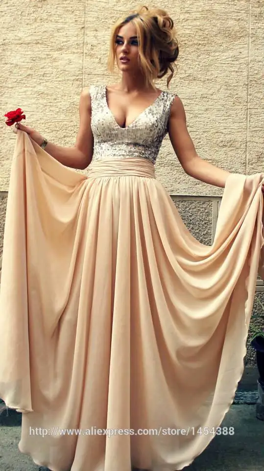 Шампанское Vestidos de Renda vestidos de gala, сексуальные платья цвета шампанского с блестками, глубокий v-образный вырез, длинные платья для выпускного вечера, женские вечерние платья из шифона - Цвет: Шампанское