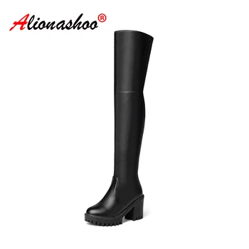 

2019 New Pu Leather Flock Women Over The Knee Boots Zipper Sexy High Heels Women Shoes Winter Boots Warm Large Size 34-43
