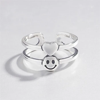 

Sole Memory Double Layer Heart Smile Happy Smiley 925 Sterling Silver Female Resizable Opening Rings SRI556