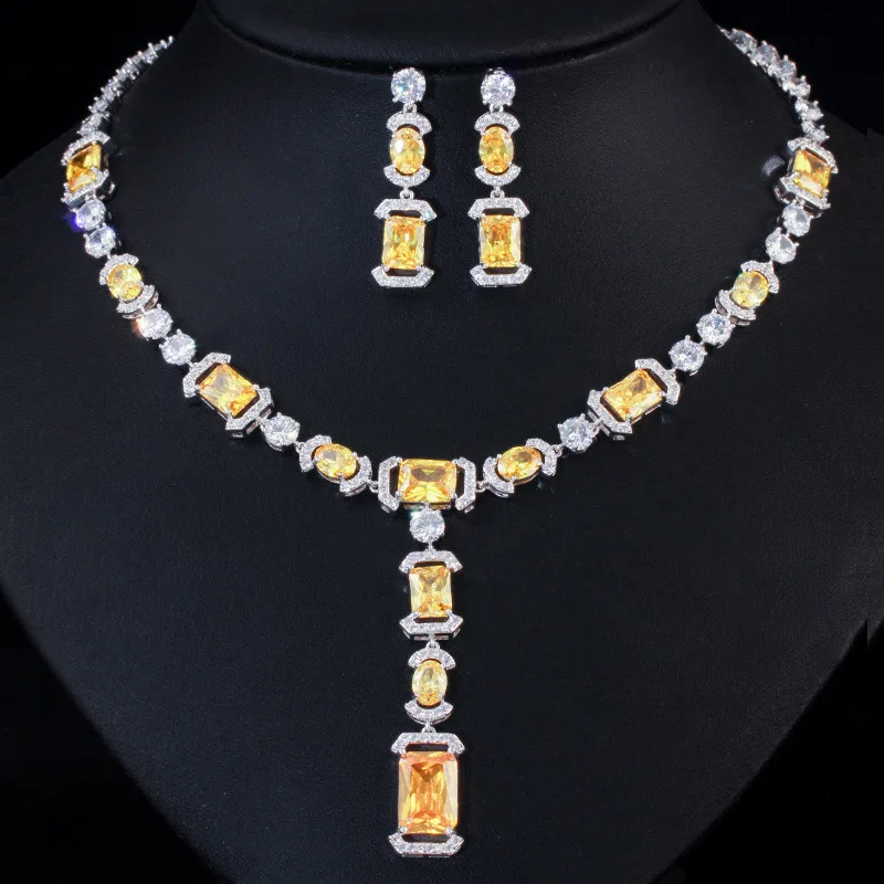 Yellow Cwwzircons роскошные длинные висячие темно-синие кубические циркония женские вечерние серьги ожерелье свадебные комплекты ювелирных изделий T356 - Окраска металла: Yellow