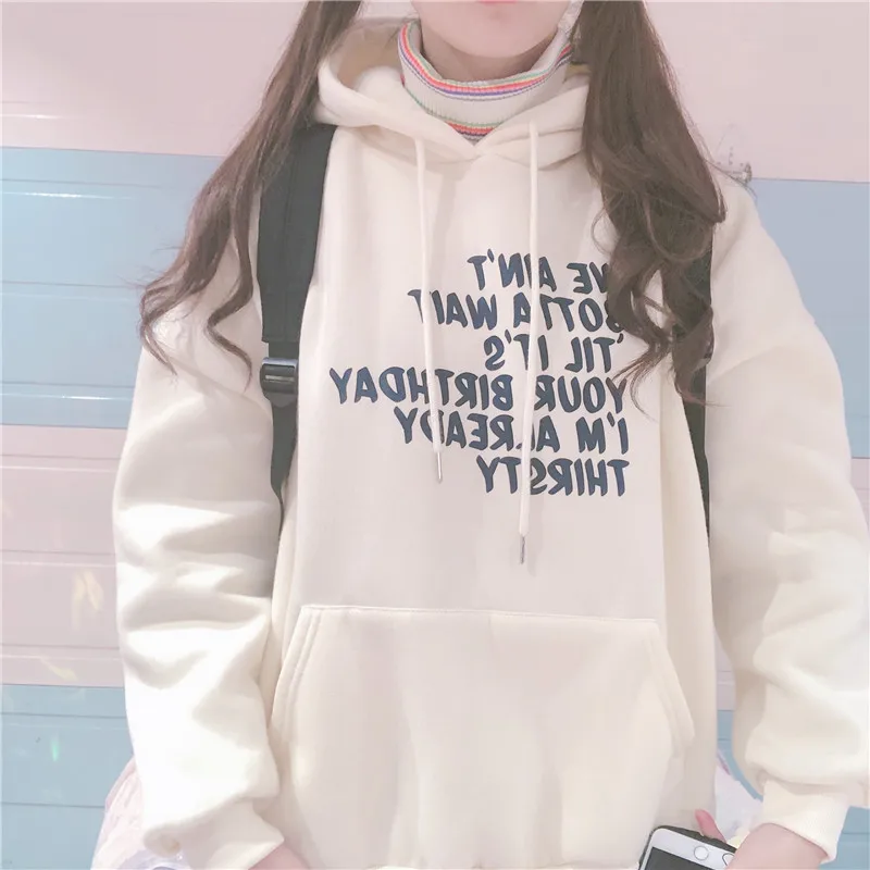 Beige Women Slim Plus velvet Hooded Cute Letter print Loose Tops Hoodie Sweatshirt Thicken Small fresh Young Girl Long Sleeve pullover - Цвет: Beige
