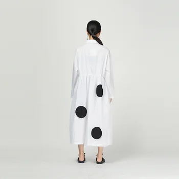 

LANMREM White Wave Point Long Sleeve Lapel High Waist Stitching Mesh Plus Woman Dress Casual Fashion 2020 Spring New TV913