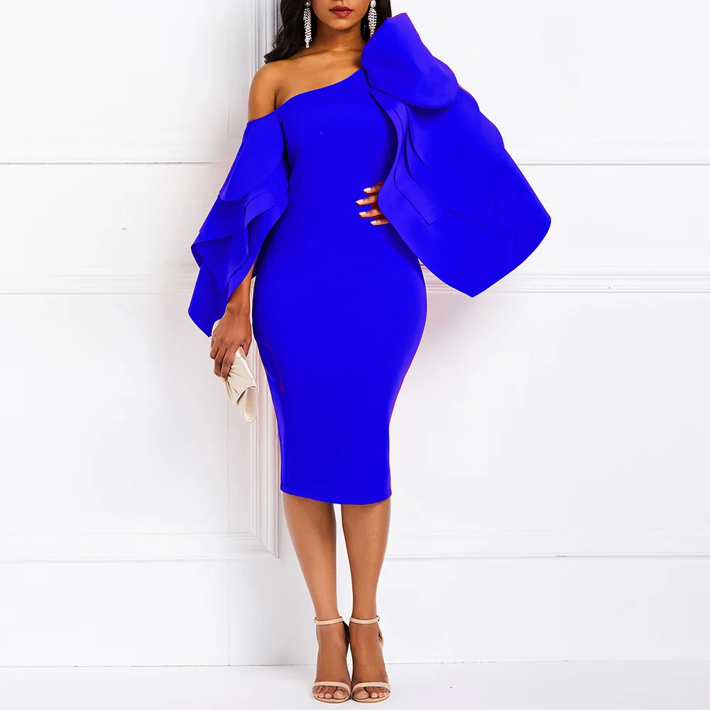 

African Fashion Blue One Shoulder Bodycon Party Dress Layer Ruffles Women Celebrity Bodycon Tight Club Evening Midi Dress Sexy