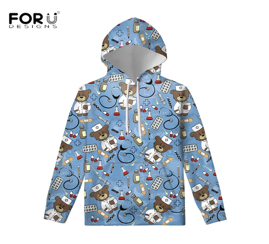 FOURUDESIGNS мультфильм медсестры медведь печать осень зима 3D толстовки с капюшоном топы Спортивные костюмы куртка осень зима загрязнители - Цвет: HXA112Z72