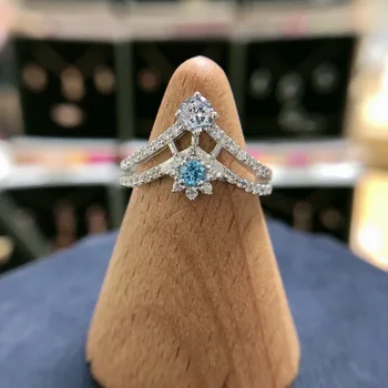 

LAMOON Ring For Women Snowflake Crown Natural Blue Topaz 925 Sterling Silver White Gold Plated Fine Jewelry LMRI078