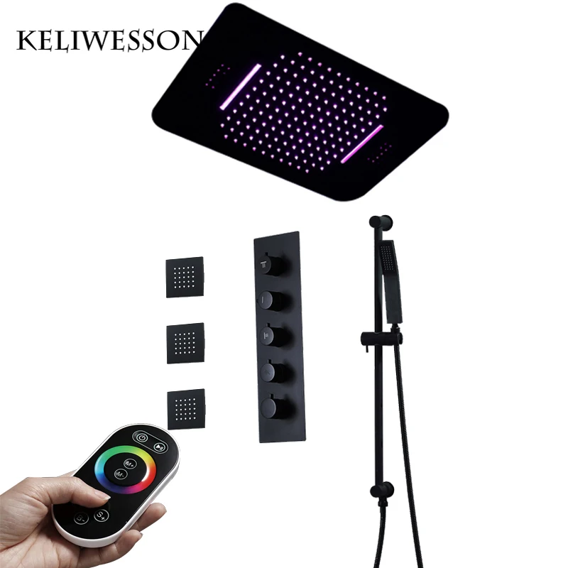 

Bluetooth Music Black Shower Head Set Rainfall LED Shower Ceiling Mounted Shower Faucets Thermostatic Mixing Valve Showers