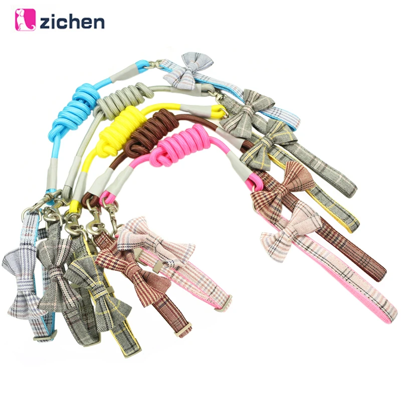 

Zichen Pet Dog Leash Collar Set Plaid Bow Collar Leash Dogs Nylon Adjustable Durable Training Walking Running Dog Collar 5 Color