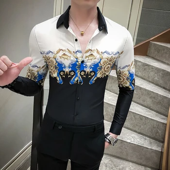 

Digital Printed Casual Shirt Men Long Sleeve New 2020 Korean Dress Slim Fit Tuxedo Shirts Male Fashion Night Club Work Shirt Men