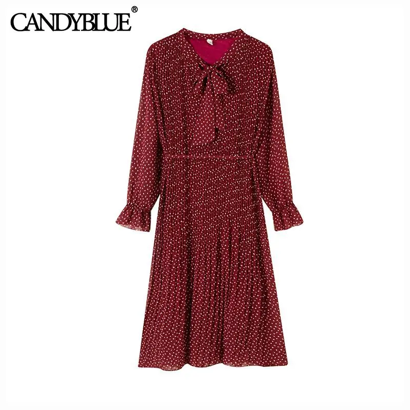 

Polka dot printed chiffon dress 2022 spring new Korean version of the bowknot trumpet sleeve mid-length pleated dress female