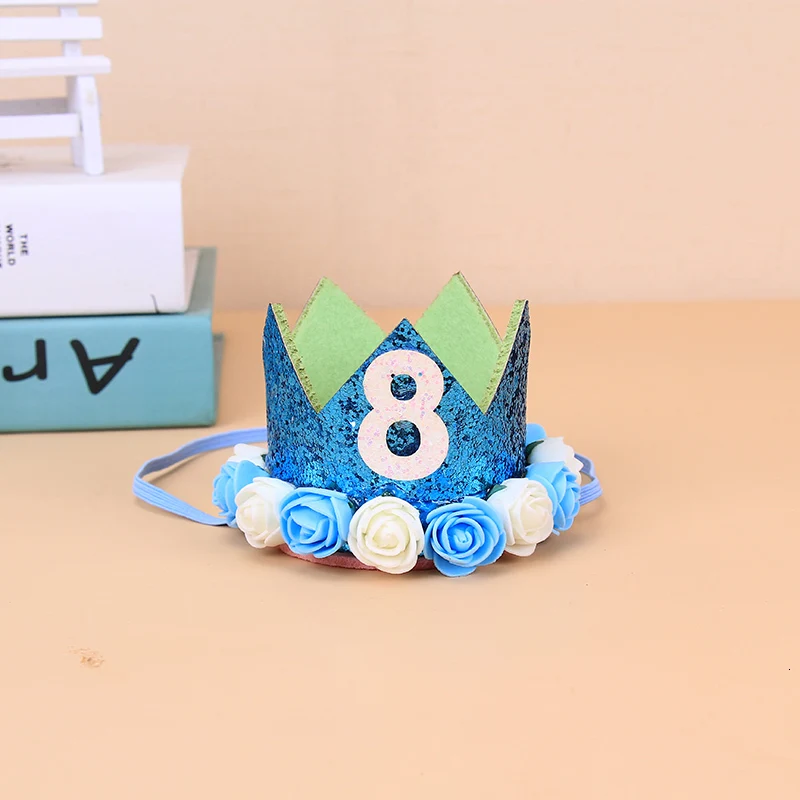 Blue 8 age Baby Girl Boy One 1 2 3 4 5 6 7 8 9 years old hat crown headbands decoration For children birthday party decorations - Цвет: Blue 8 age