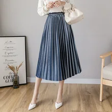 Высокая Талия бархатная юбка осень-зима в Корейском стиле модные однотонные Цвет эластичные Повседневное плиссированные юбки миди для Для женщин платье трапециевидной формы