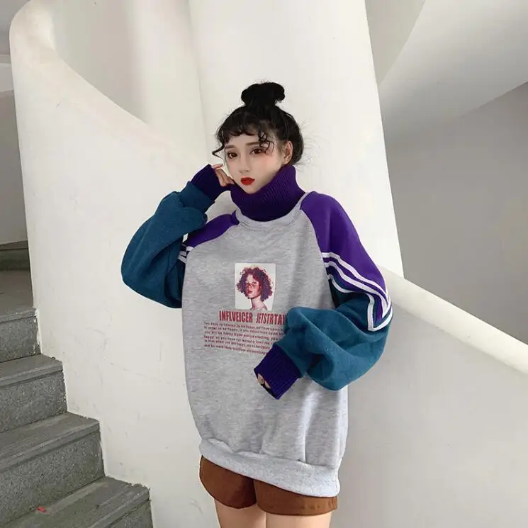 New autumn winter Korean hit color Harajuku patchwork turtleneck pullover streetwear loose sweatshirt women