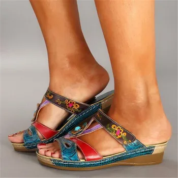 

New women's shoes sandals wedge heel fashion flower slippers zapatos de mujer slides Large size35-43