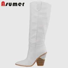 ASUMER/размеры 34-46; Новинка года; женские ботинки; осенне-зимние сапоги до колена на Высоком толстом каблуке с острым носком; модные брендовые женские ботинки
