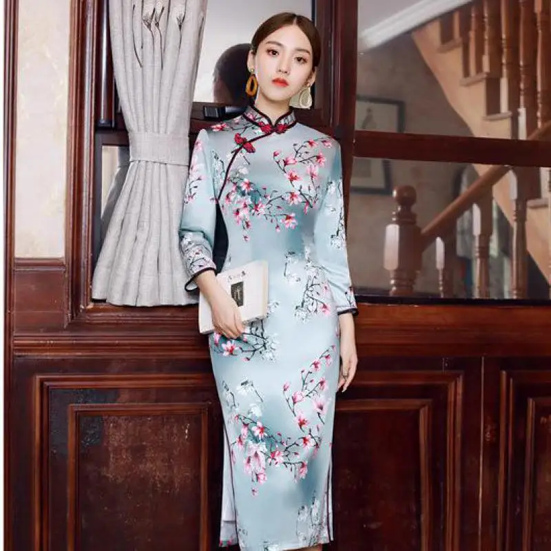 

2019 Spring Elegent Women Bracelet Sleeve Dresses Simulation Silk Printing Long Section Lady Large Size Retro Cheongsam
