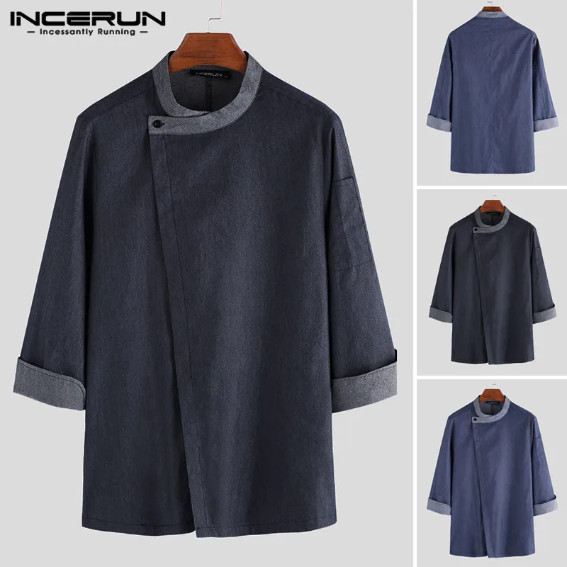 

INCERTUN Mens Chef Uniform Stand Collar Coats Long Sleeve Men Restaurant Kitchen Baker Waiter Clothing Male Solid Color Shirts