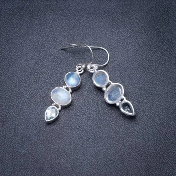 

Natural Rainbow Moonstone and Blue Topaz Handmade Unique 925 Sterling Silver Earrings 1.5" Y3586