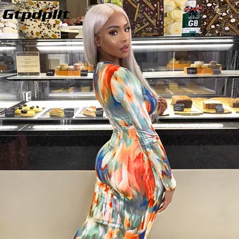 

Gtpdpllt V Neck Sexy Fashion 2020 Print Women Bodycon Dresses Long Sleeve Party Clubwear Skinny Hot Pencil Midi Dress Spring New