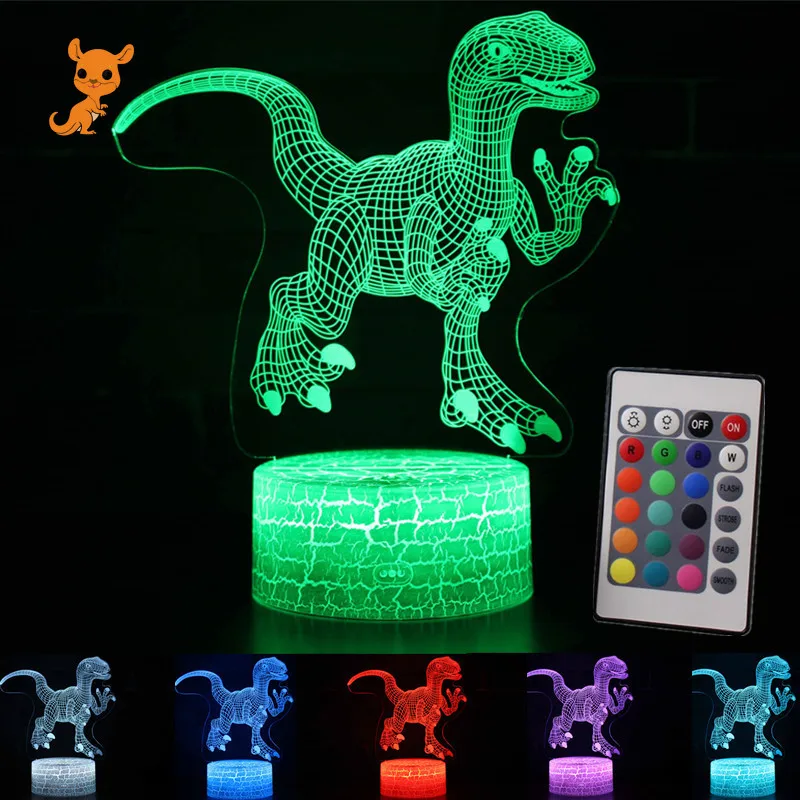 

3D Illusion Dinosaur LED 7 Color Touch Remote Control Animal Velociraptor Light Up Glow In The Dark Toys for Kids New Year Gifts