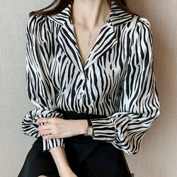 Camisa feminina chiffon e botão entalhado, blusa feminina manga comprida estampa de leopardo 2021