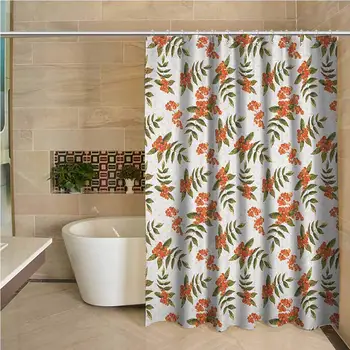 

Rowan Precision Custom Shower Curtain Botanical Foliage Nature Pattern with Berries on Soft Pink Dots Modern Bathroom