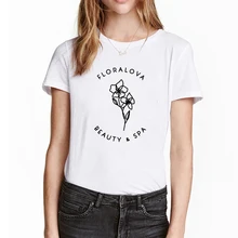 Camiseta Casual de algodón con cuello redondo para mujer Camisetas Vintage de alta calidad de los años 90 con estampado de letras de SPA de belleza floralosa para mujer