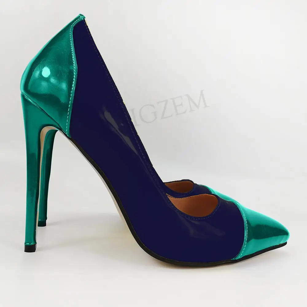 Green-Dark Blue LAIGZEM/цветные женские туфли-лодочки на каблуке, 4 сезона классические модельные туфли из лакированной кожи на шпильке без застежки Tacones Zapatos; большие размеры 38, 45, 47 - Цвет: Green-Dark Blue