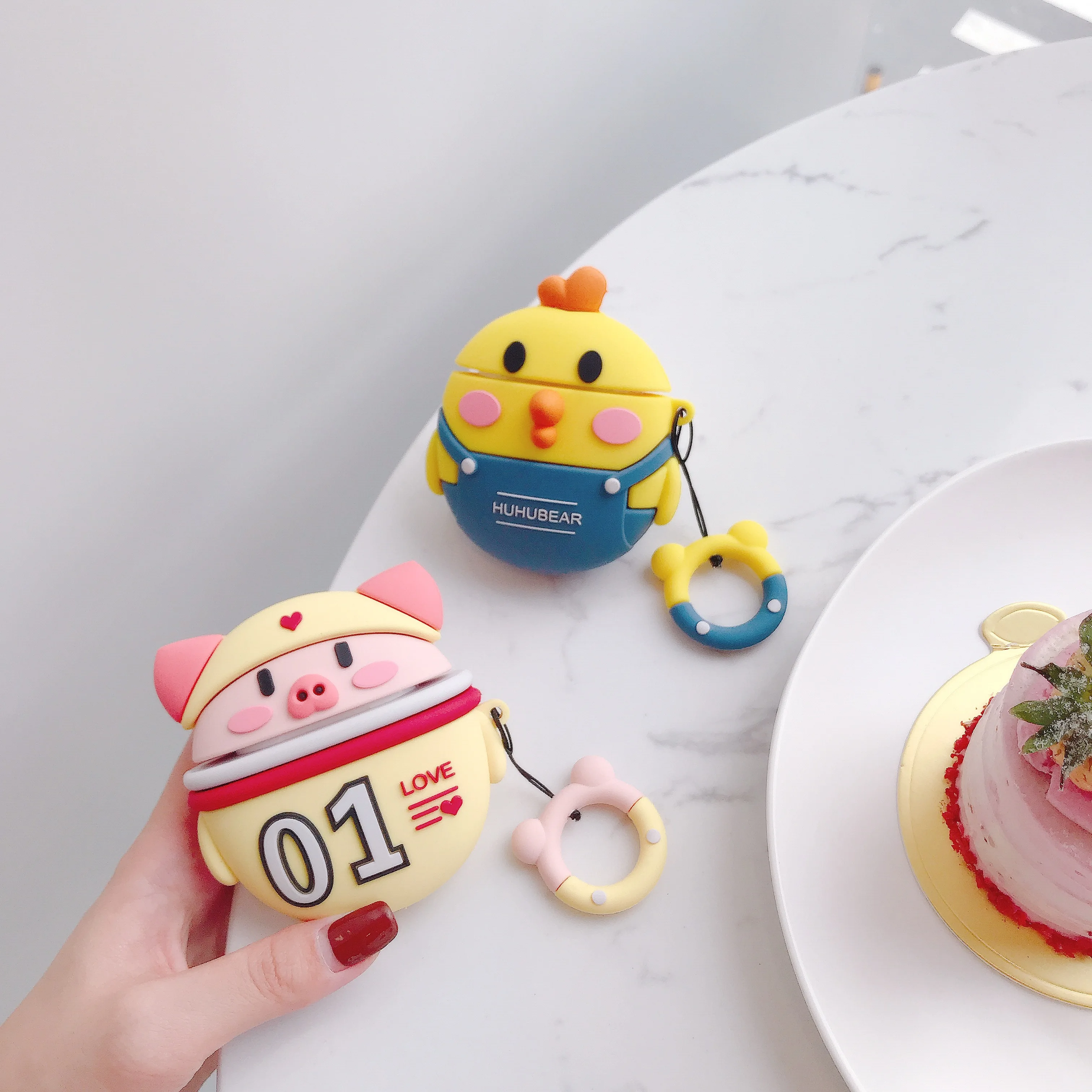 Милый мультфильм Свинья медведь; цыпленок Earpods чехол для Apple Airpods 1 2 Kawaii беспроводные наушники Защитная крышка с палец кольцо ремень