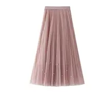 New 2020 Spring Summer Skirts Women Beading Mesh Tulle Skirt Fashion Sweet Elastic High Waist A Line Mid Calf Midi Pleated Skirt