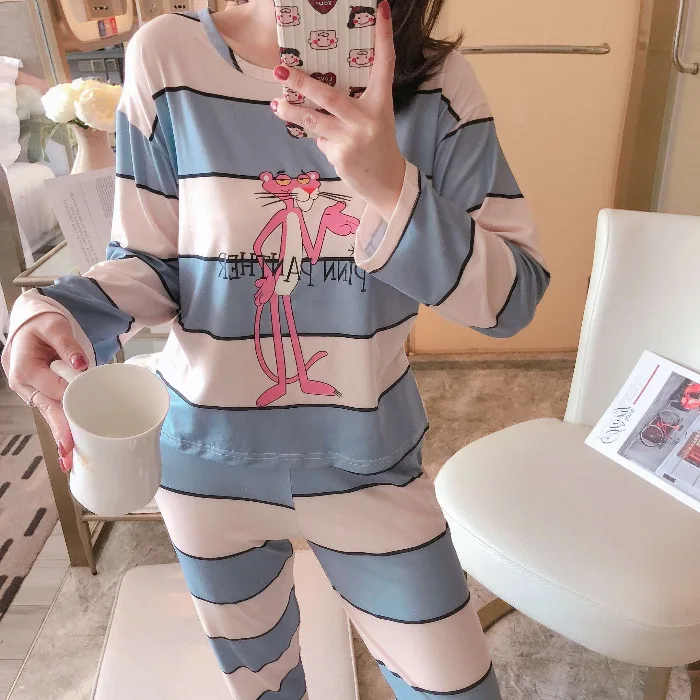 

Blue-Striped Leopard Autumn New Style Pajamas Women Long Sleeve Crew Neck 20-150G Qmilch Wechat Business Figure Home Wear