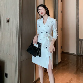 

Women Notched Lapel White Dress Elegant Lace Up Double Breasted Office Lady Blazer Dresses Autumn Chic Vestidos