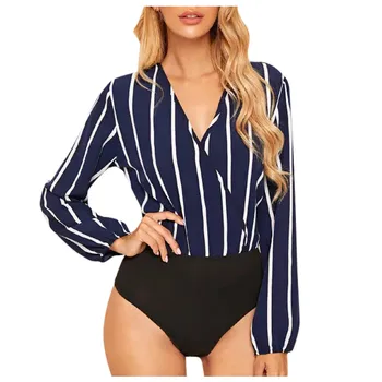 

2019 Casual Women Bodysuit Sexy Salopete Feminina V Neck Striped Print Clothes Long Sleeve Jumpsuit Playsuits Ropa Mujer #C10