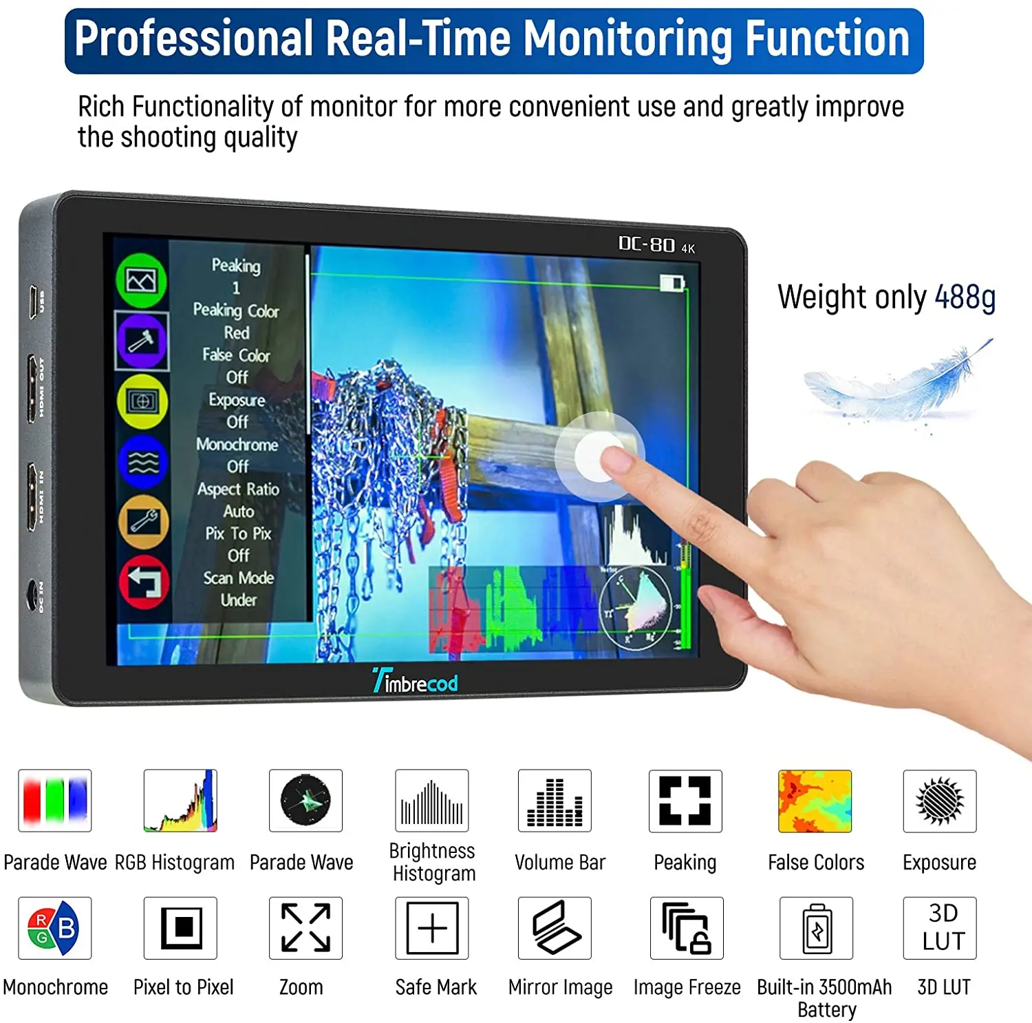 Timbrecod DC-80 7“ Touch Screen Camera Video Monitor 1920x1200 IPS 4K Pass-Through 4K HDMI Camera Field Monitor with Tilt Arm