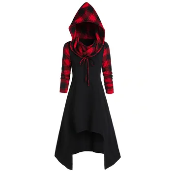 

Hooded Dress Patchwork Women's Plaid High Low Convertible Long Sleeve Bandage Midi Dress Casual Solid Plus Size Dress Vestidos
