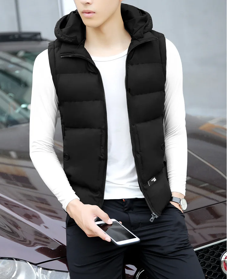 Autumn& Winter down Feather Cotton Waistcoat Men's Fashion Korean-style Hooded Solid Color Men Light Warm Vest Waistcoat