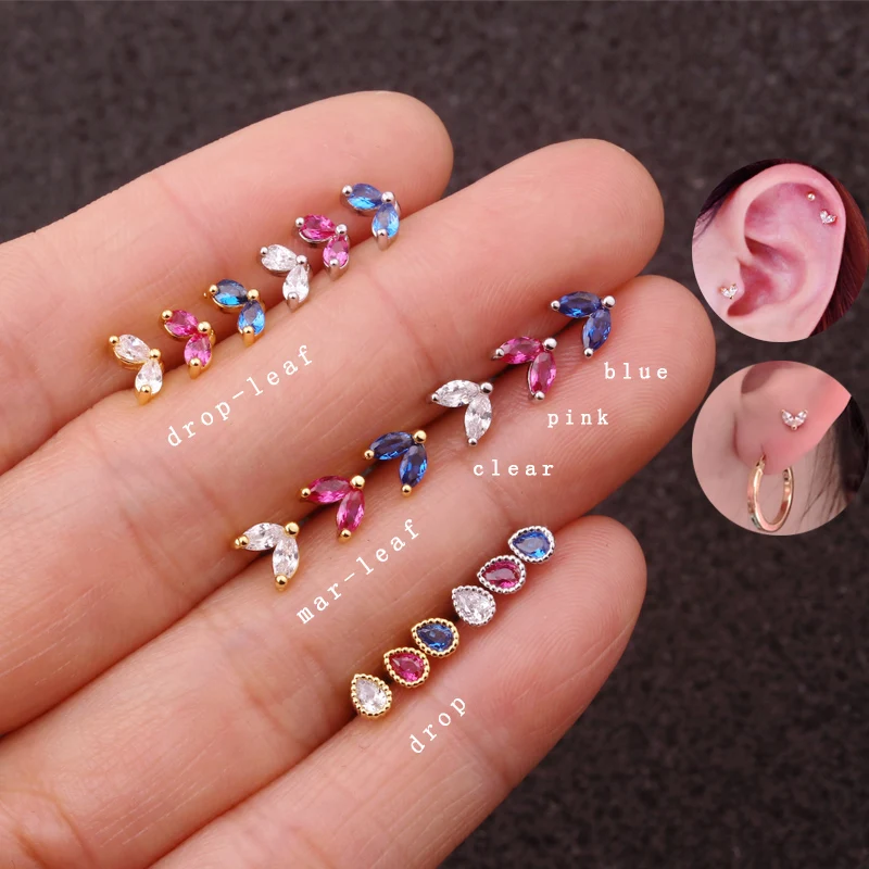 

Sellsets 1 pieza delicada nueva gota marquesina forma de hoja rosa azul cristal CZ 16G Tornillo de acero pendiente Tragus Piercing Daith joyería