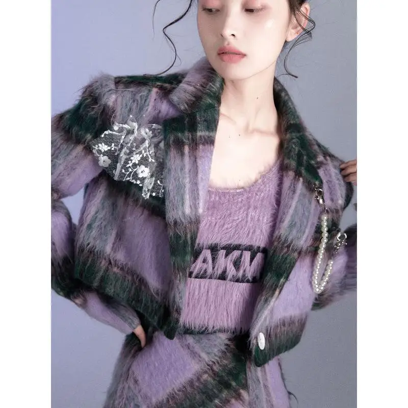 Abiti Da Donna 2022 Nuova Primavera Coreana Dolce Lana Plaid Cappotto Corto Bottone Singolo Colletto Rovesciato Camicia 2 Foto Set Stile Euro-America