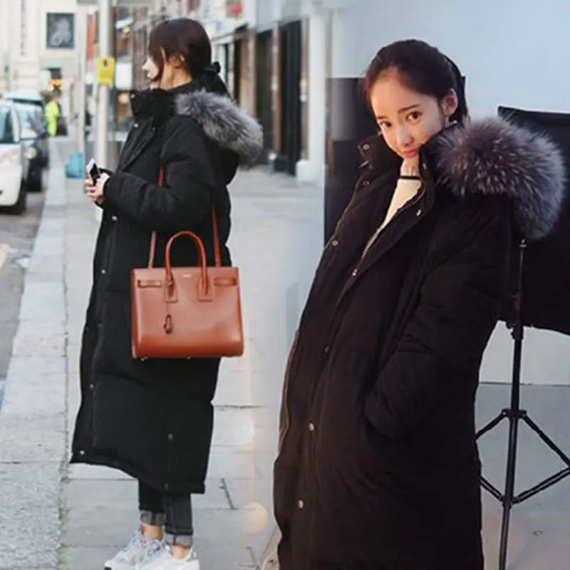 

South Korea Dongdaemun Mid-length down Jacket Cotton-padded Clothes Women's over-the-Knee Luxury Large Fur Collar Cotton Coat Em