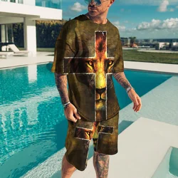Ensemble de sport 2 pièces pour hommes, T Shirt + Short, vêtements d'entraînement, lettres de ciel 3D, impression couleur unie, vêtements à manches courtes 