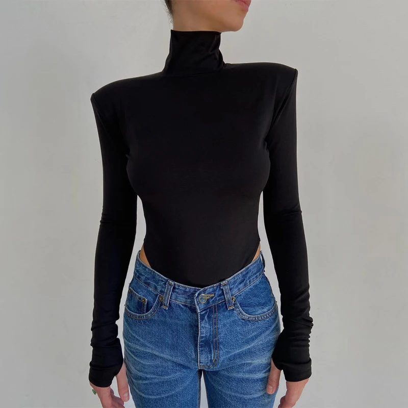 Body con espalda descubierta para mujer, Bodycon Sexy de manga larga con hombros al descubierto para otoño e invierno, Bodycon de cuello alto a la moda en negro, blanco y marrón 2020
