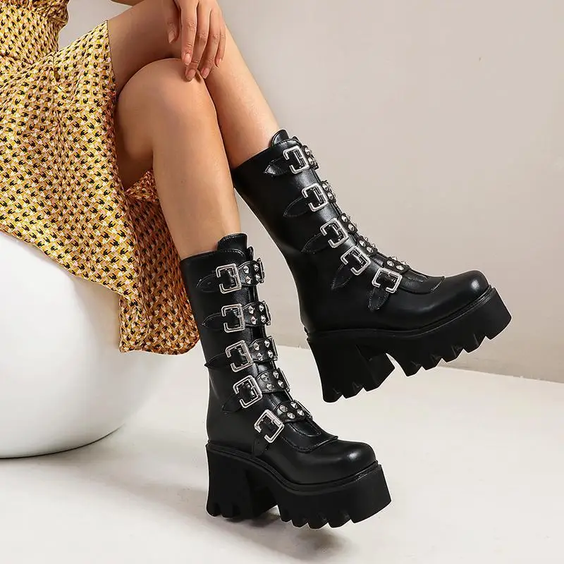 Ladies Punk Goth Style Wedge Platform Shoes Women Solid Color High Heels Round Toe Boots Females Buckle Strap Back Zipper | Обувь