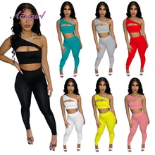 

Fitness Summer Sportwear Tracksuit Solid One Shoulder Cut Out Crop Top Legging Sweatpants Suit Outfit Bikers Yaga Two Piece Sets