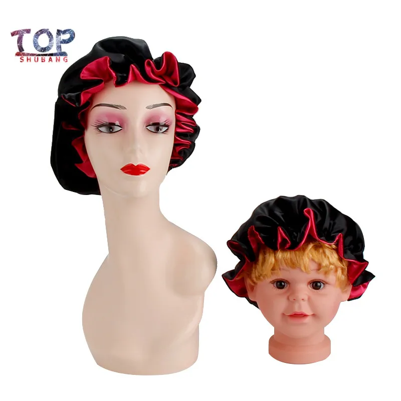 

Custom Logo Mother/Kids Bonnet Big Size Reversible Black & Hot Pink Satin Silk Bonnets Sleeping Bonnet Hair Sleep Caps