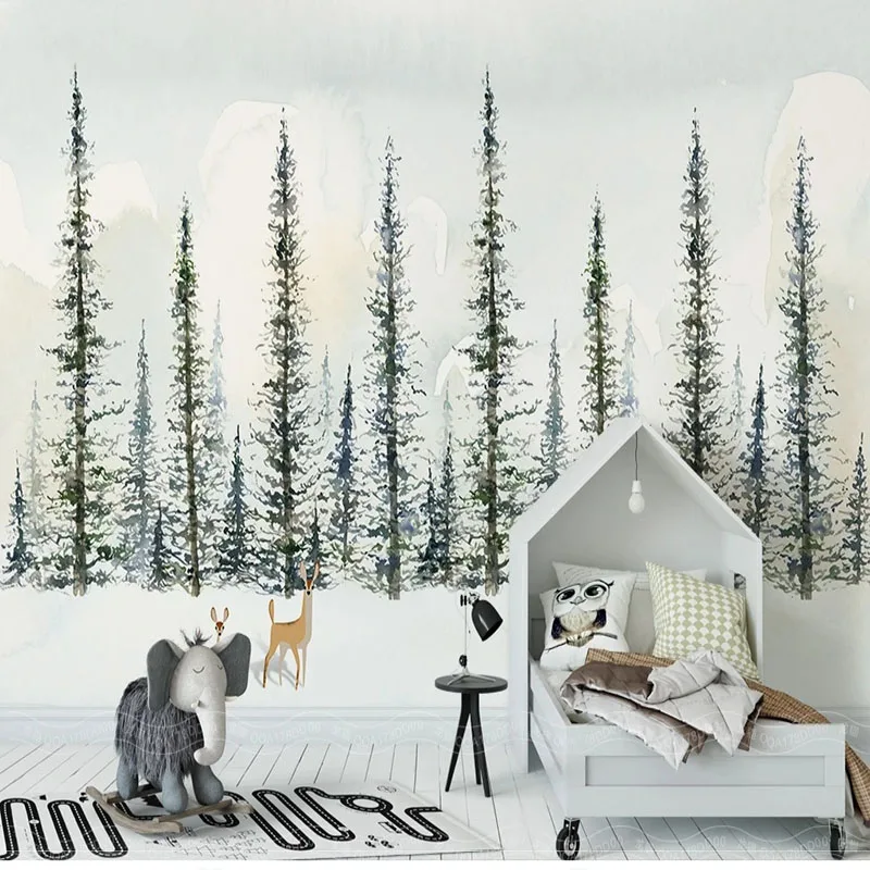 3D Wallpaper Modern Cute Cartoon Simple Hand Painted Elk Pine Forest Landscape Children Self-Adhesive Waterproof Papel De Parede