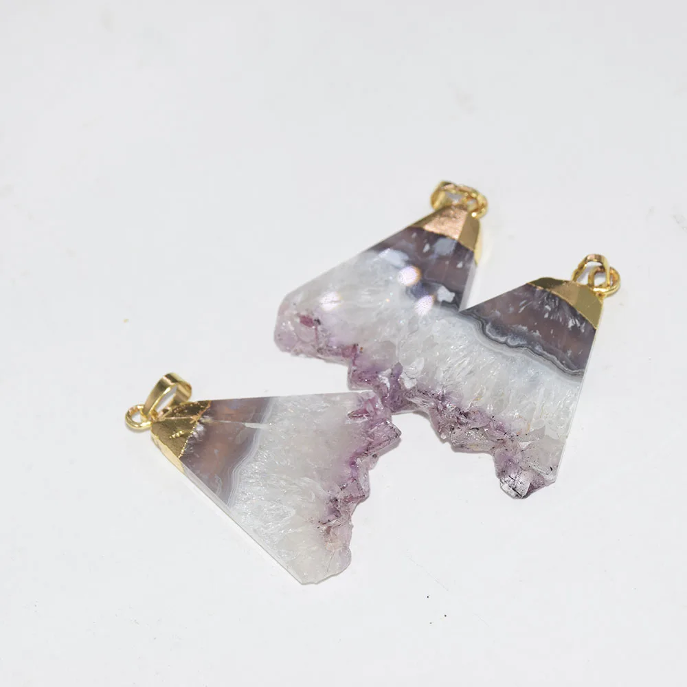 Природный пурпурный кристалл кварц Подвеска треугольная femme польская полоса Geode радужные аметисты Камень Золото точечная Подвеска для женщин