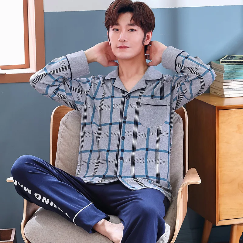 

Autumn & Winter Men Pure Cotton Pajamas Cardigan Fold-down Collar Long Sleeve Open Buckle Autumn Men's Tracksuit L -Xxx L Multi-