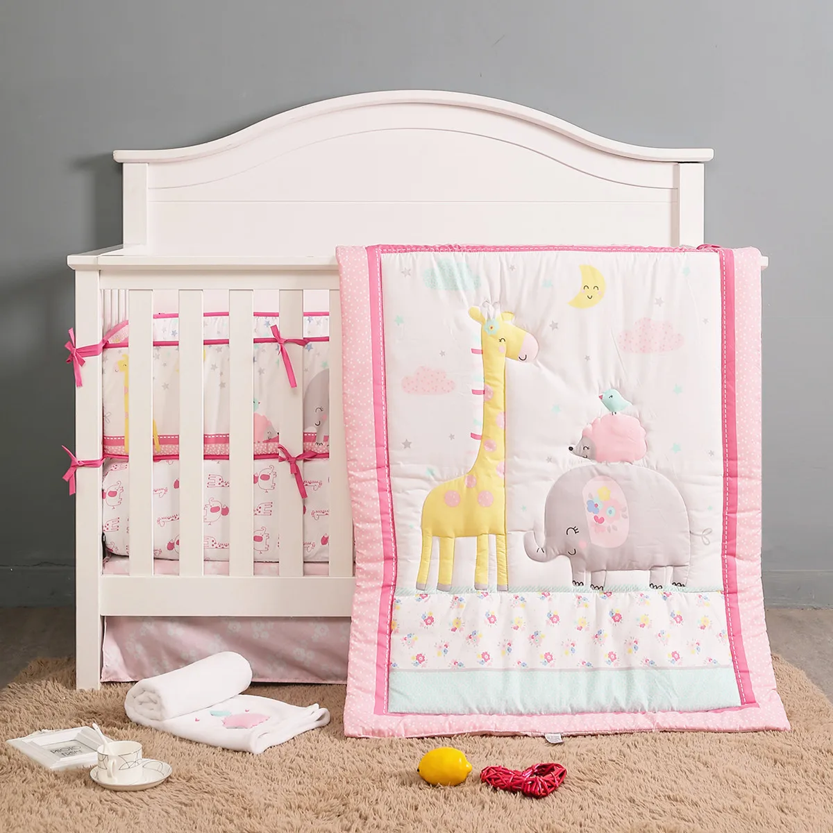7pcs Pink Elephant Giraffe Baby Bedding Sets Crib Nursery Bumper Decor