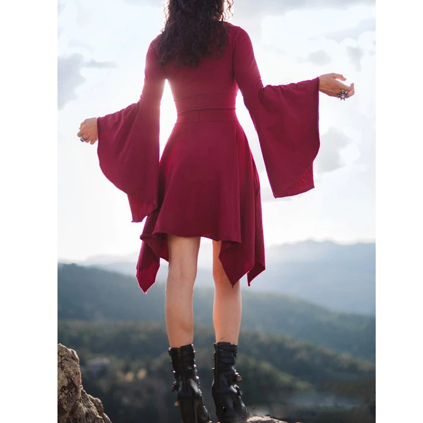 Women-Vintage-Dress-Sexy-Casual-Irregular-Latern-Sleeve-Robe-V-neck-Medieval-Clothes-Loose-Vestidos-Funny (3)