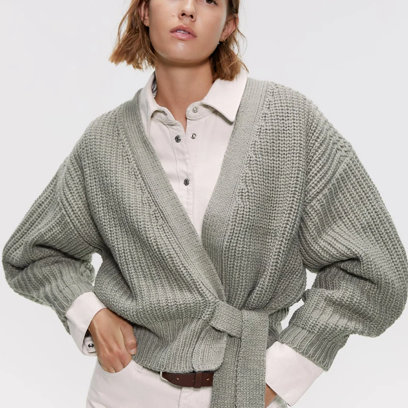 2019 ZA New Knit Sweater Coat for Women Lantern Sleeve V-neck Belt Cardigan Autumn and Winter Fashion Thick Warm |